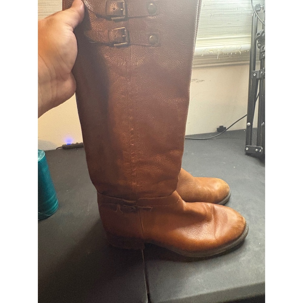 Franco Sarto Womens Brown Leather Riding Boots Tall Buckle Lug Sole Round Toe